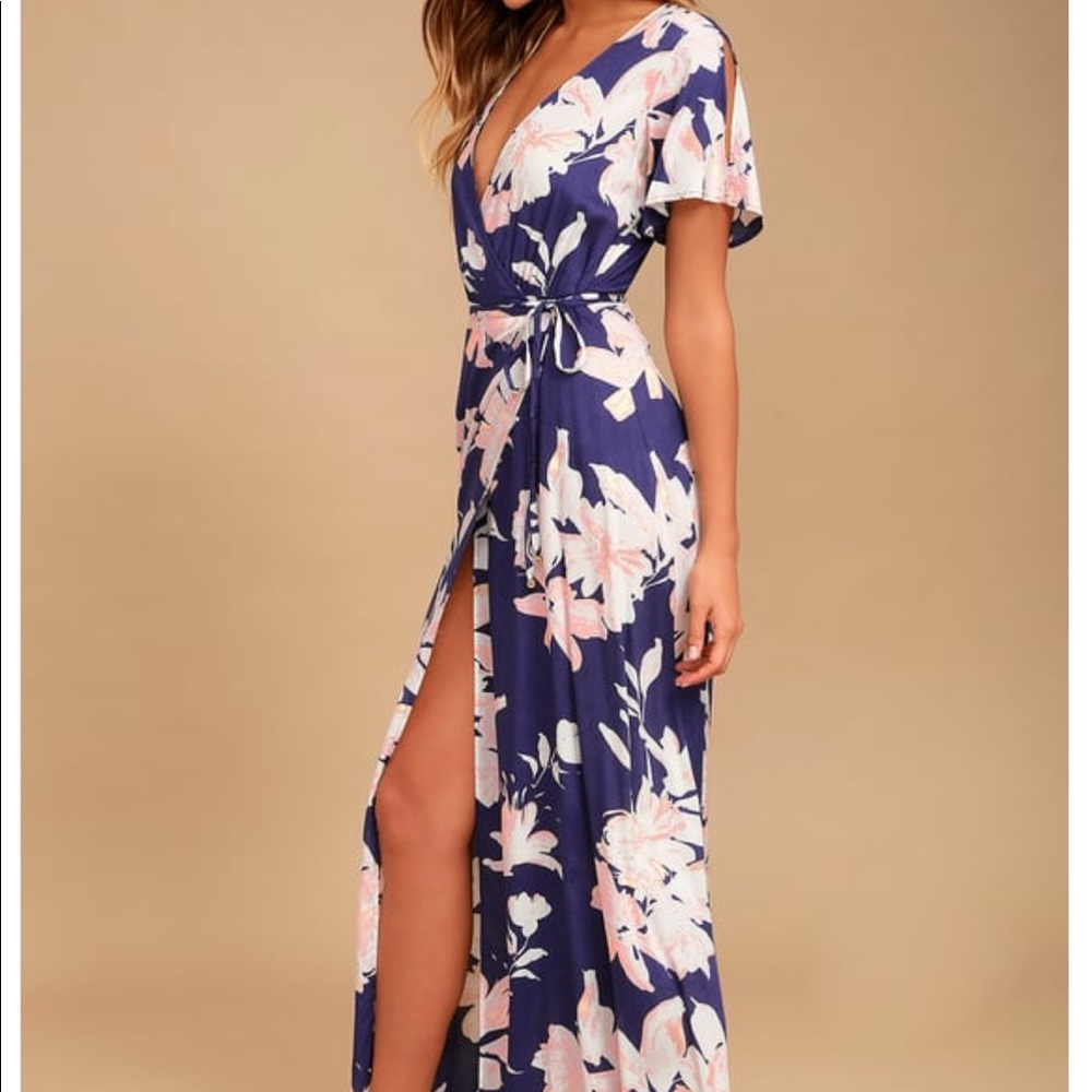 Lulus Azalea Regalia Navy Blue Floral Print Wrap Maxi Dress
